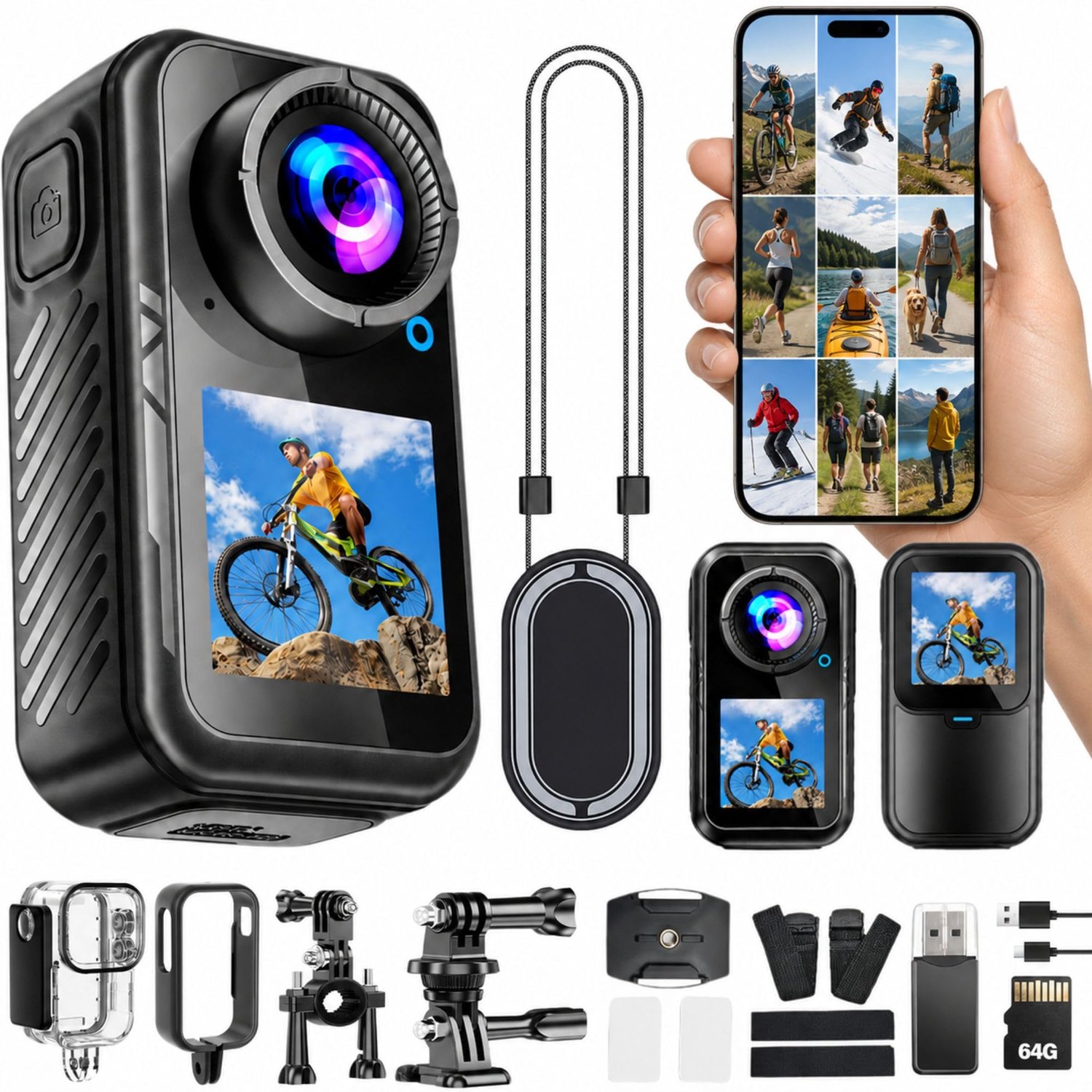 Mini Actiecamera 5K met Dubbel Scherm en Waterproof Behuizing