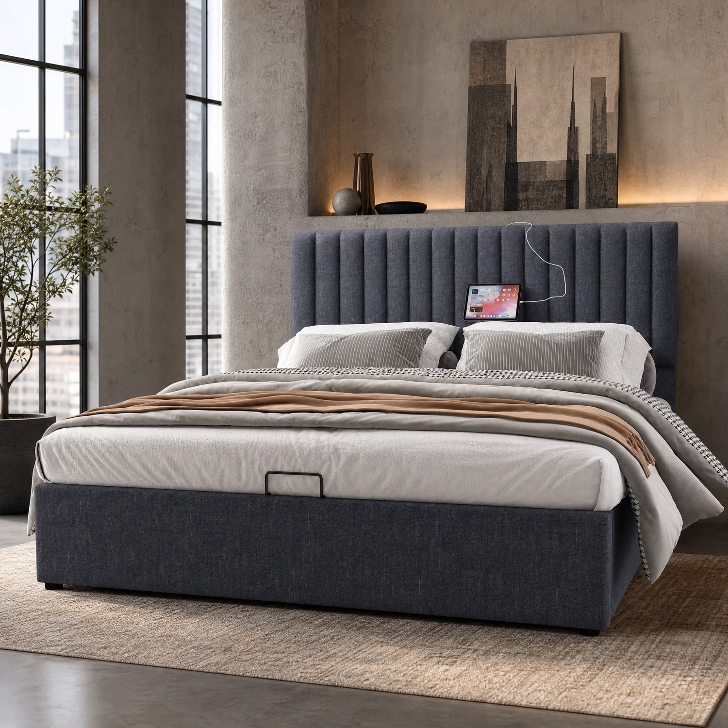 WUVRIE Gestoffeerd tweepersoonsbed 160x200 cm - Opbergruimte, verstelbaar hoofdeinde, LED en USB - Grijs