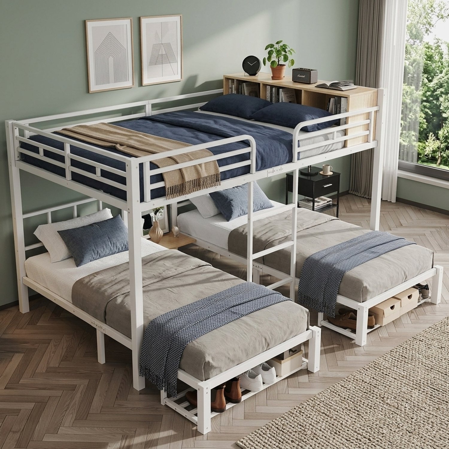 WUVRIE Metalen stapelbed met 3 slaapplaatsen - 140x200 en 2x 90x200 cm - Wit/naturel