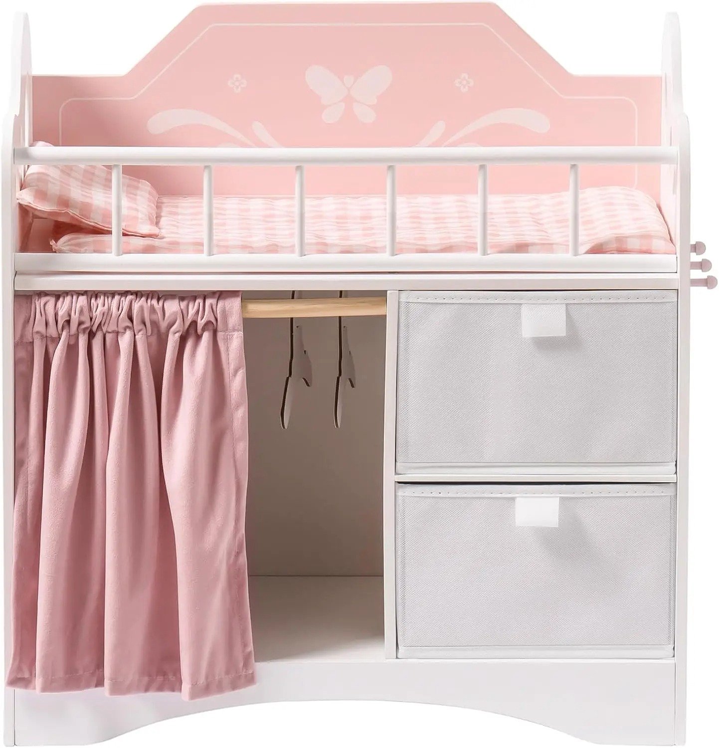 Marqs Poppenbed - Poppen bedje - Speelgoed - Houten wieg - Roze Wit - Opbergruimte - 3 in 1 - Popjes tot 53 cm - Incl. beddengoed