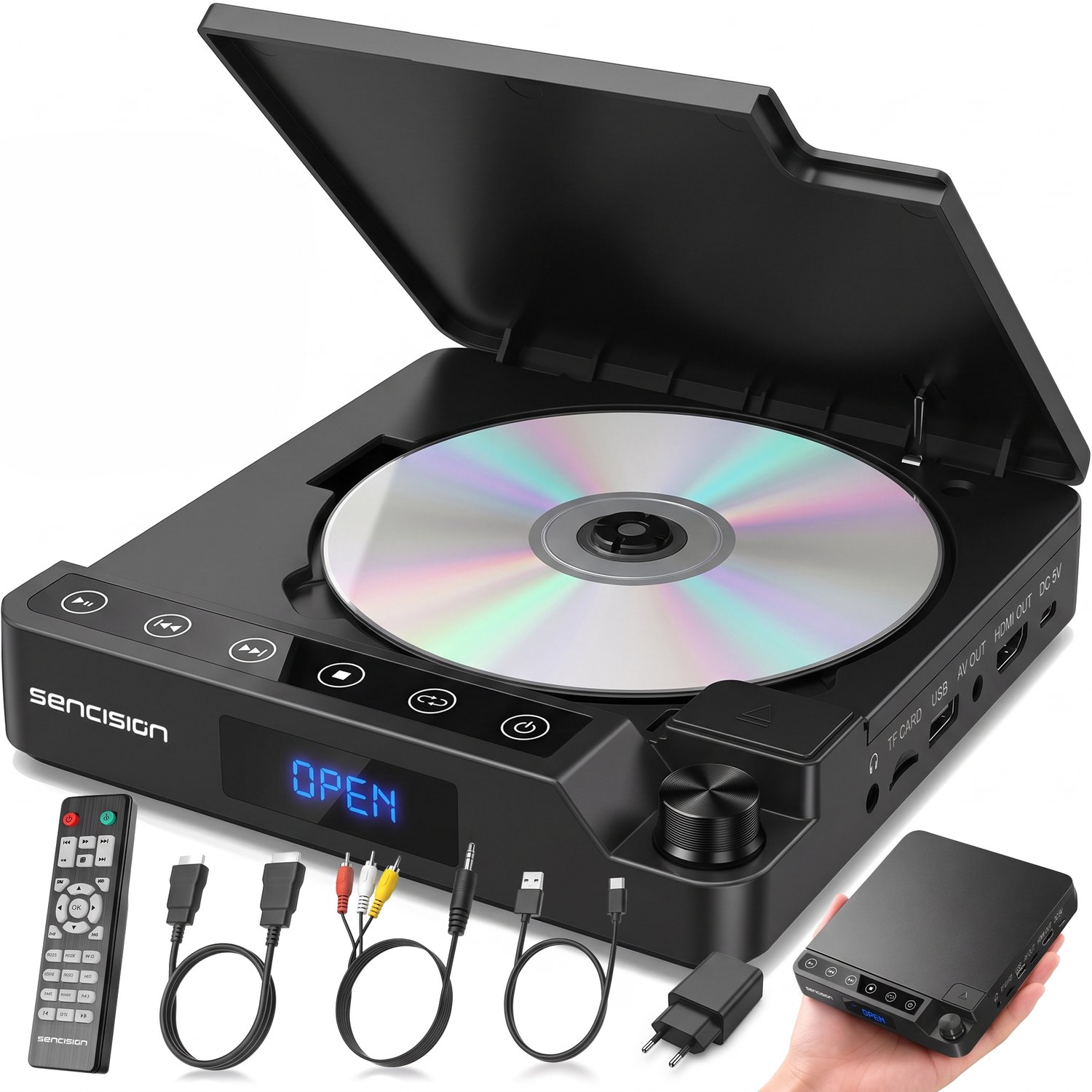Sencision Mini DVD Speler met HDMI - Regiovrij - Full HD 1080P - CD en DVD Speler voor TV - USB & MicroSD - Incl. Afstandsbediening & Kabels - Zwart