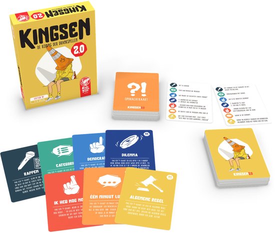 Kingsen 2.0 speldoos met diverse gekleurde speelkaarten zoals 'Rappen', 'Dilemma' en 'Algemene Regel' uitgestald.