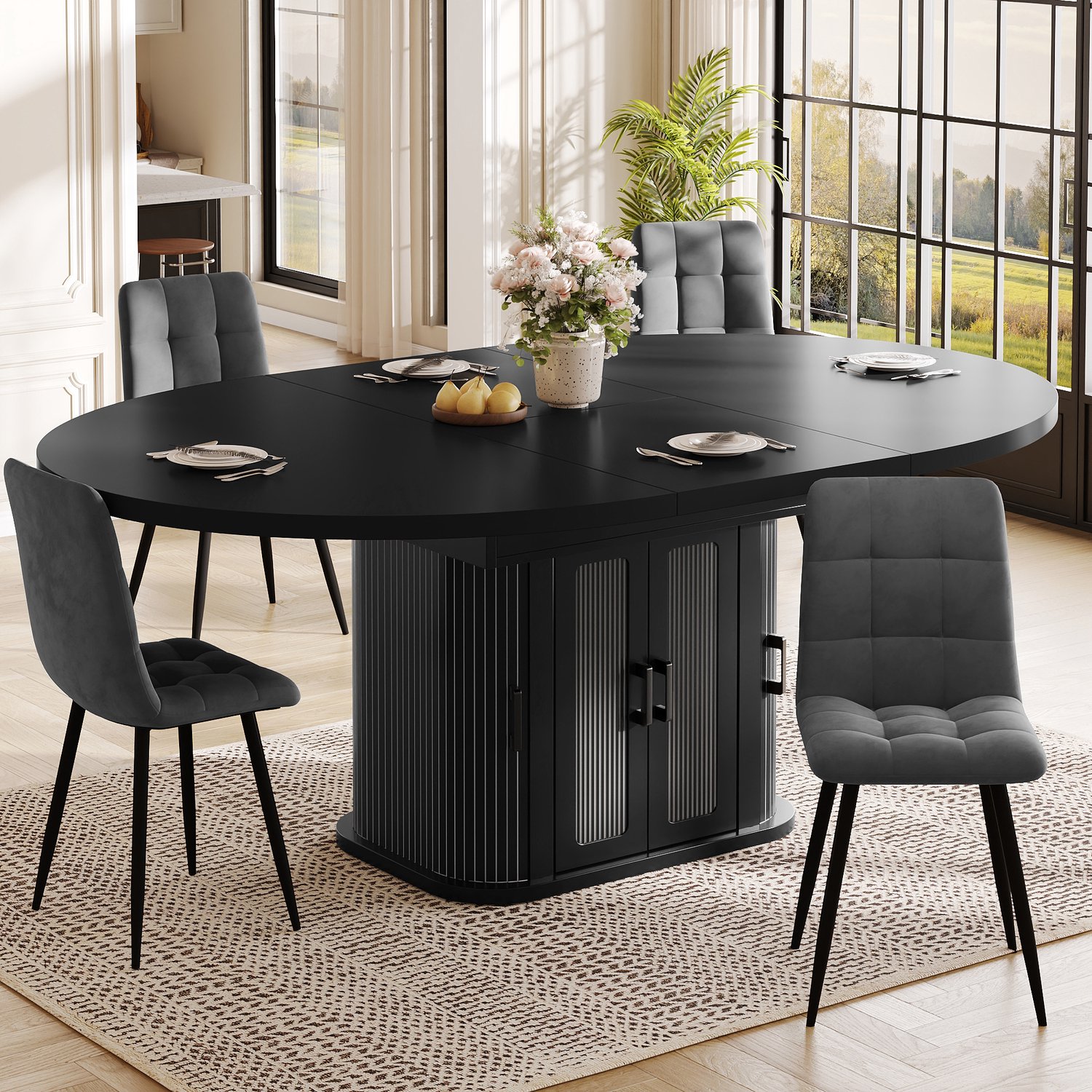 MODENUIT Eettafel - Uitschuifbaar Met Opbergruimte - Voor de Keuken - MDF en Metaal - Zwart - 118-158x118x76 Cm