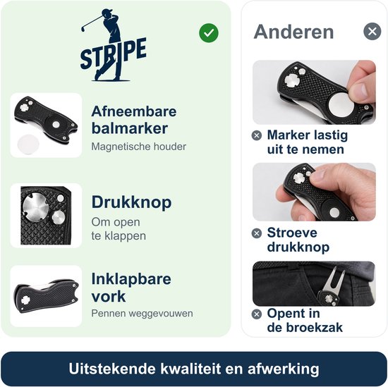 Vergelijking van Stripe pitchfork met inferieure producten. Tekst: Uitstekende kwaliteit en afwerking.
