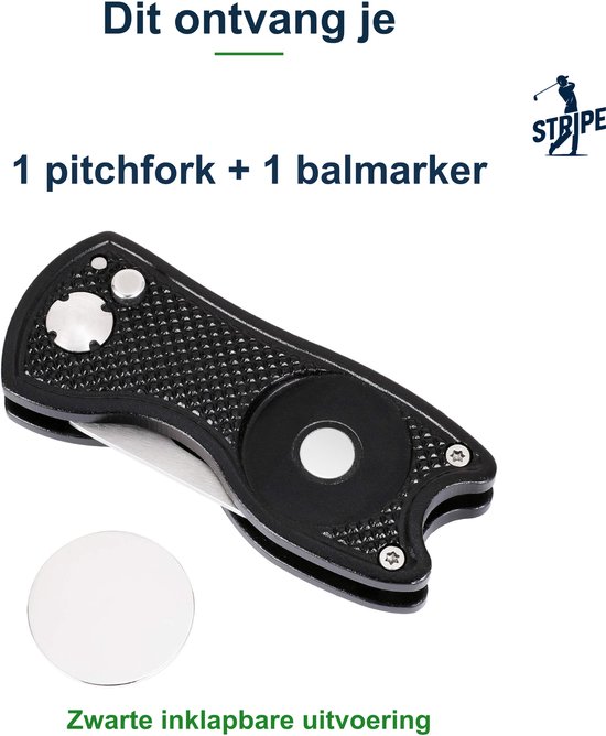 Zwarte inklapbare pitchfork met losse balmarker. Tekst: Dit ontvang je, 1 pitchfork + 1 balmarker.