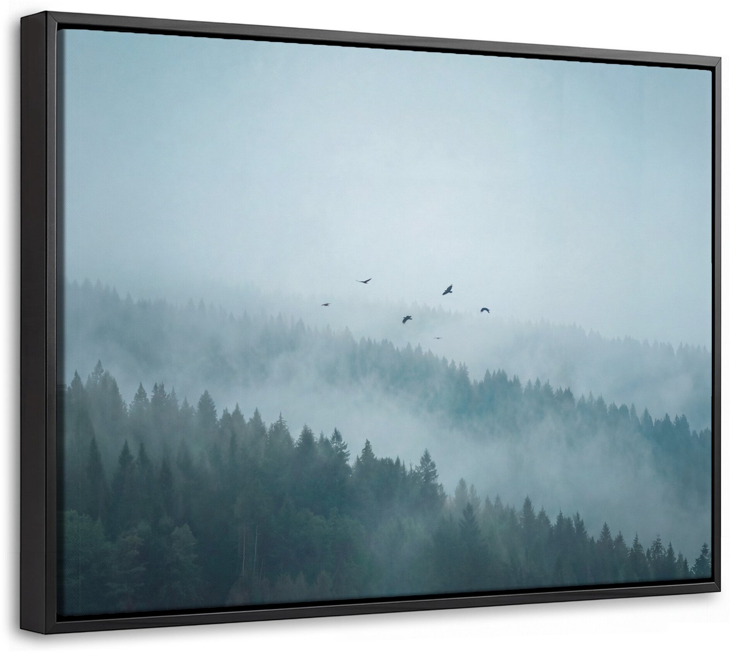 Canvas Schilderij met Baklijst - Bos - Mist - Vogels - Natuur - Groen