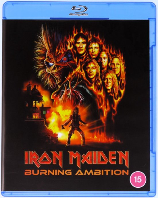 Blu-ray hoes Iron Maiden: Burning Ambition met vlammende illustratie van Eddie en de bandleden.