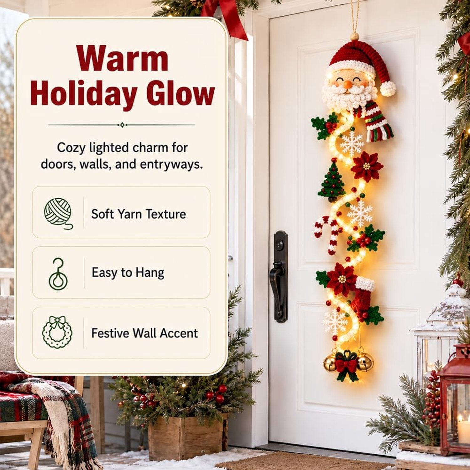 Verlichte kerstdeurhangers - verlichte Kerstman kerstdeurhanger - Feestelijk lichtontwerp - Warme LED-verlichting – 3D-kerstdecoraties - Kerstdecoratie voor Deur, Muur & Raam - Kerstman - 120cm – foto 2