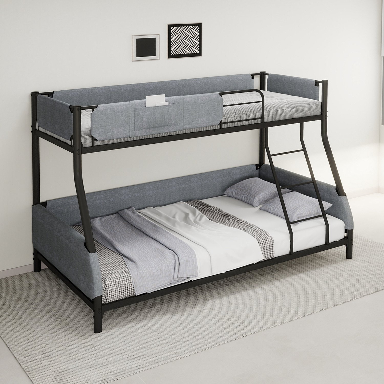 Wishdor Stapelbed 90x190 cm boven en 140x190 cm onder - Metalen frame met ladder - Gestoffeerde beschermrand en afneembaar opbergvak - Voor kinder- en logeerkamer - Zwart en grijs
