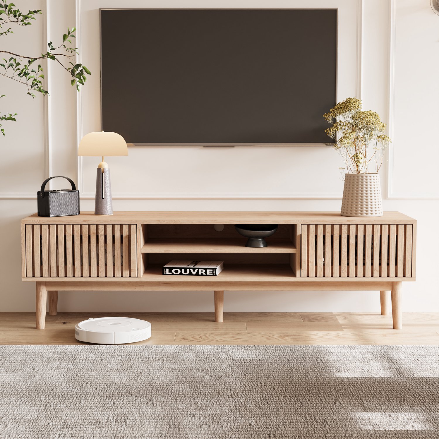 Yelenaro TV Meubel, Met 2 Deuren En Open Vak, 150x40x48cm, Voor Televisie Tot 65 Inch, Tv-kast in retrostijl, naturel houtkleur