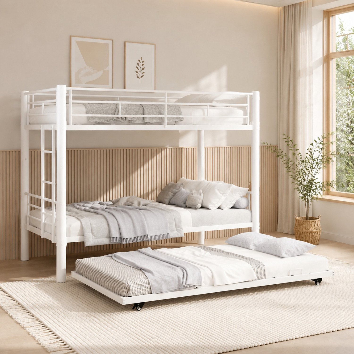 WUVRIE Stapelbed voor matrassen van 90x190 cm - Deelbaar in twee bedden - Met ladder en veiligheidshekken - Wit