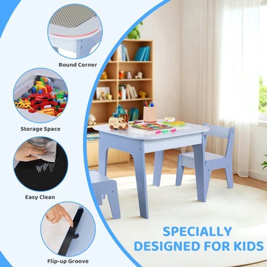 Kindertafel En Stoelenset - Grijs - Houten Activiteitentafel - Bouwsteentafelblad - Met Opbergruimte - Voor Peuters En Kleuters — afbeelding 4