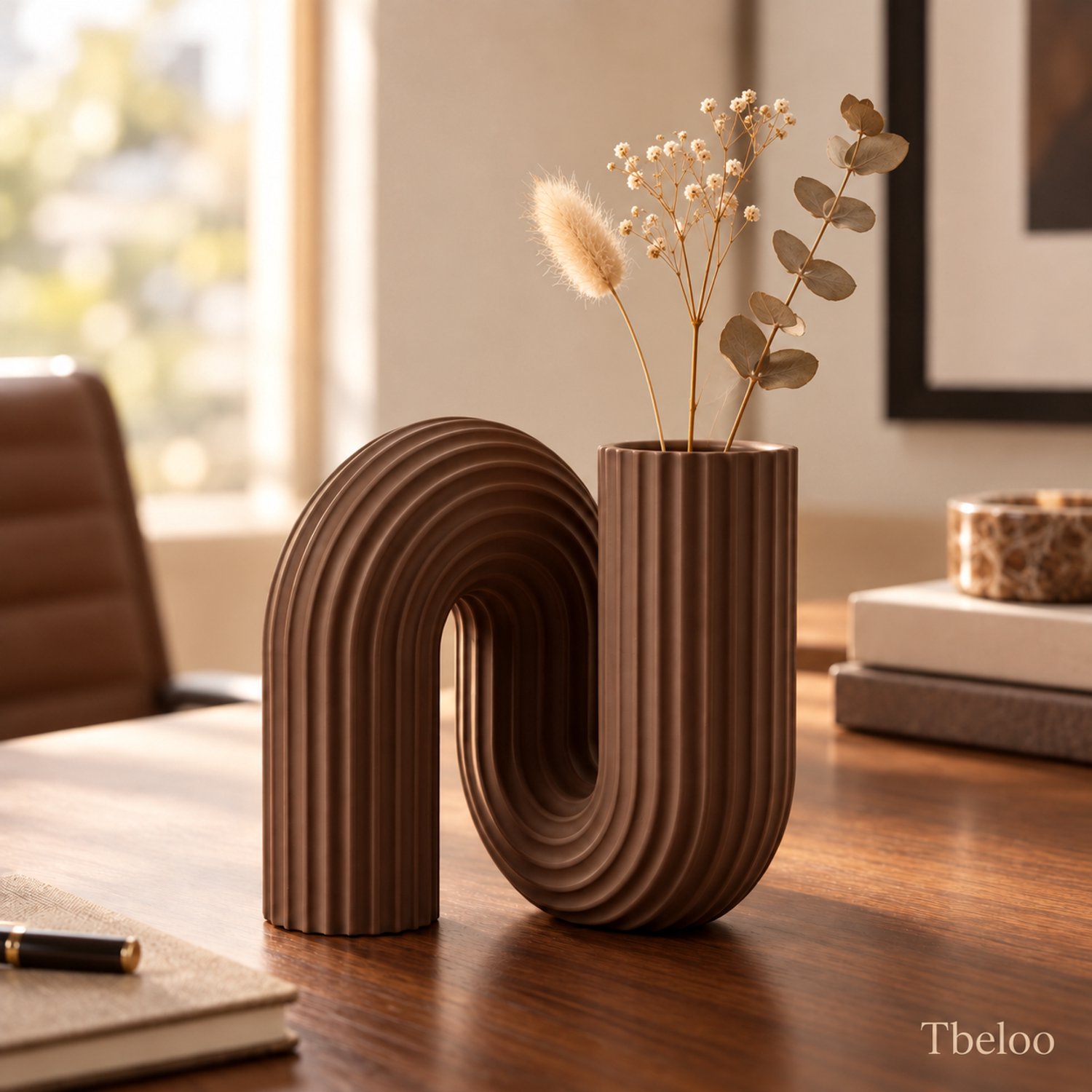 Tbeloo Boogvaas - Modern Woonaccessoire voor Droogbloemen - Chocoladebruin - PLA - 3D-geprint