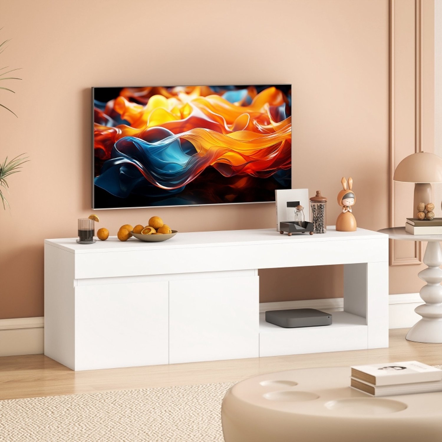 MODENUIT Tv-meubel - 2 Deuren En Open Vak - Voor Woonkamer En Tv Tot 60 Inch - Spaanplaat Wit - 140x40x48 Cm