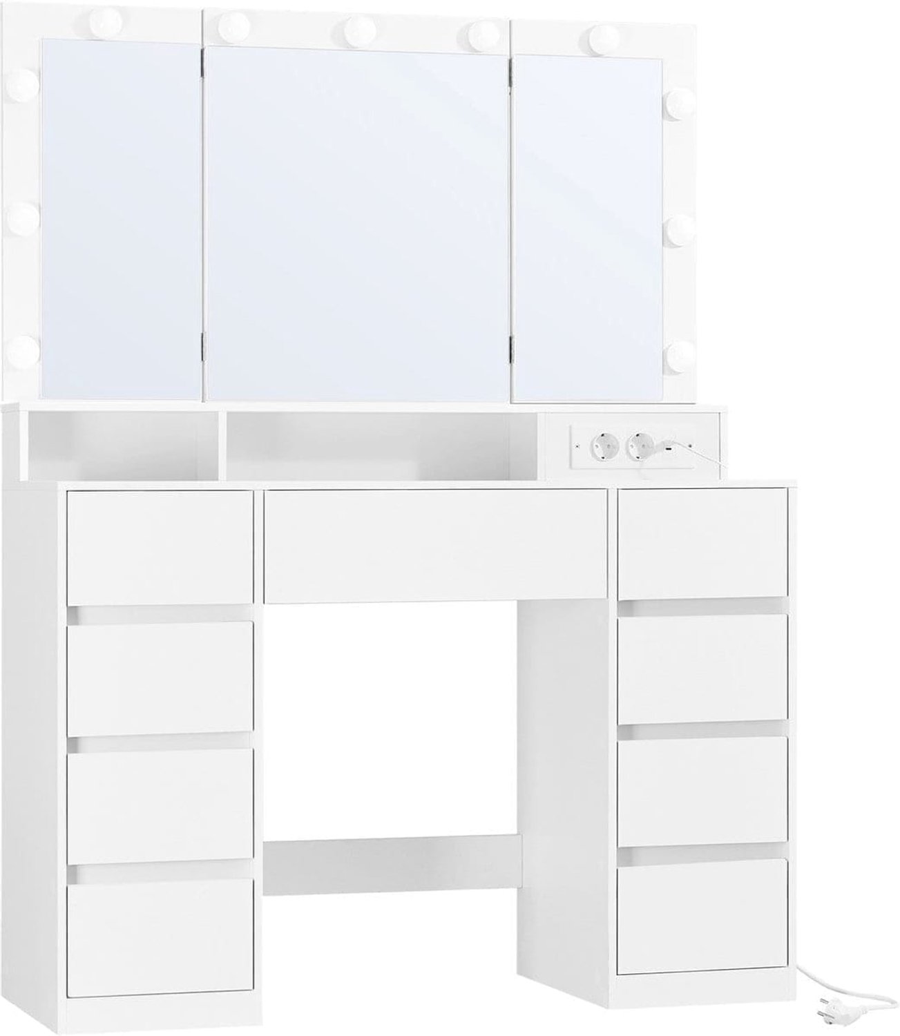 Klarven Kaptafel Wit - Kaptafel met Spiegel en Verlichting - Kaptafel met Spiegel - Dressing Table - 9 Lades, Driezijdige Spiegel - Ingebouwd Stopcontact, Dimbare LED