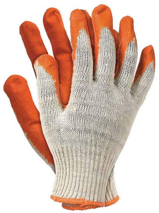 Werkhandschoenen van witte gebreide stof met oranje gecoate vingers en handpalmen voor extra grip.