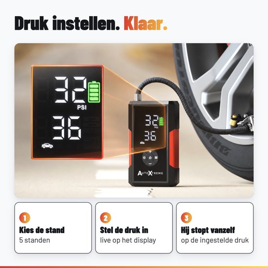 AutoXtreme compressor verbonden met een autoband, toont drukinstellingen en automatisch stop-mechanisme.