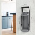 Grijze metalen blikbreker gemonteerd aan een muur, met afmetingen van 32,6 cm hoog, 10 cm breed en 19,5 cm bij de hendel.