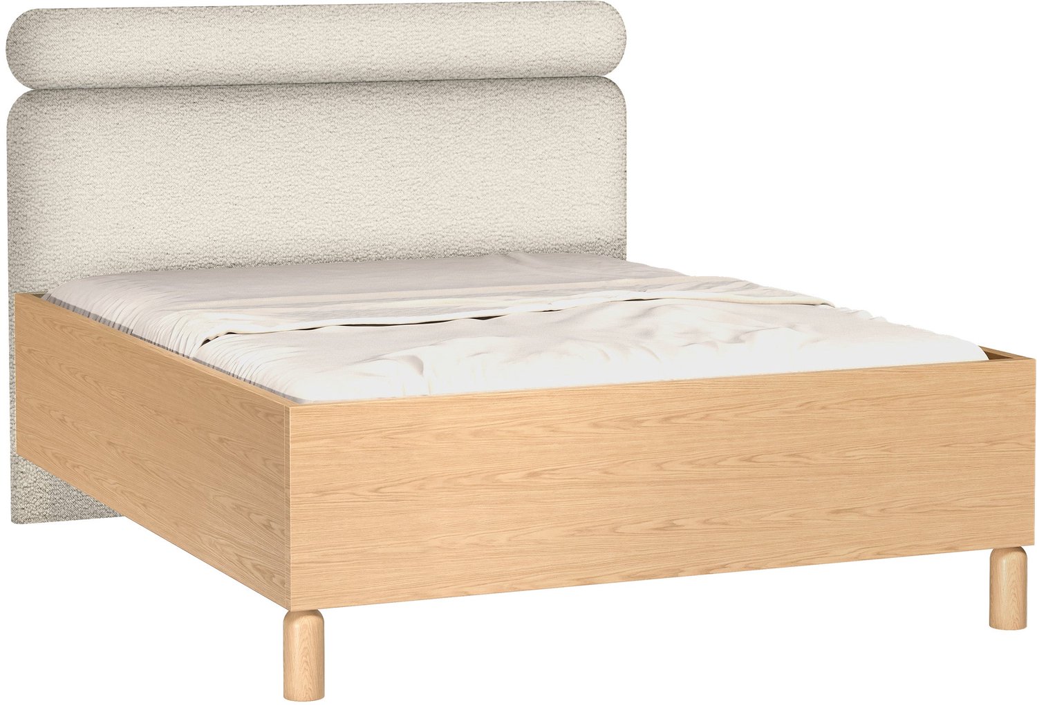 Selsey Sanden – Gestoffeerd bed met opbergruimte, bouclé bookmatch eiken, 160x200 cm