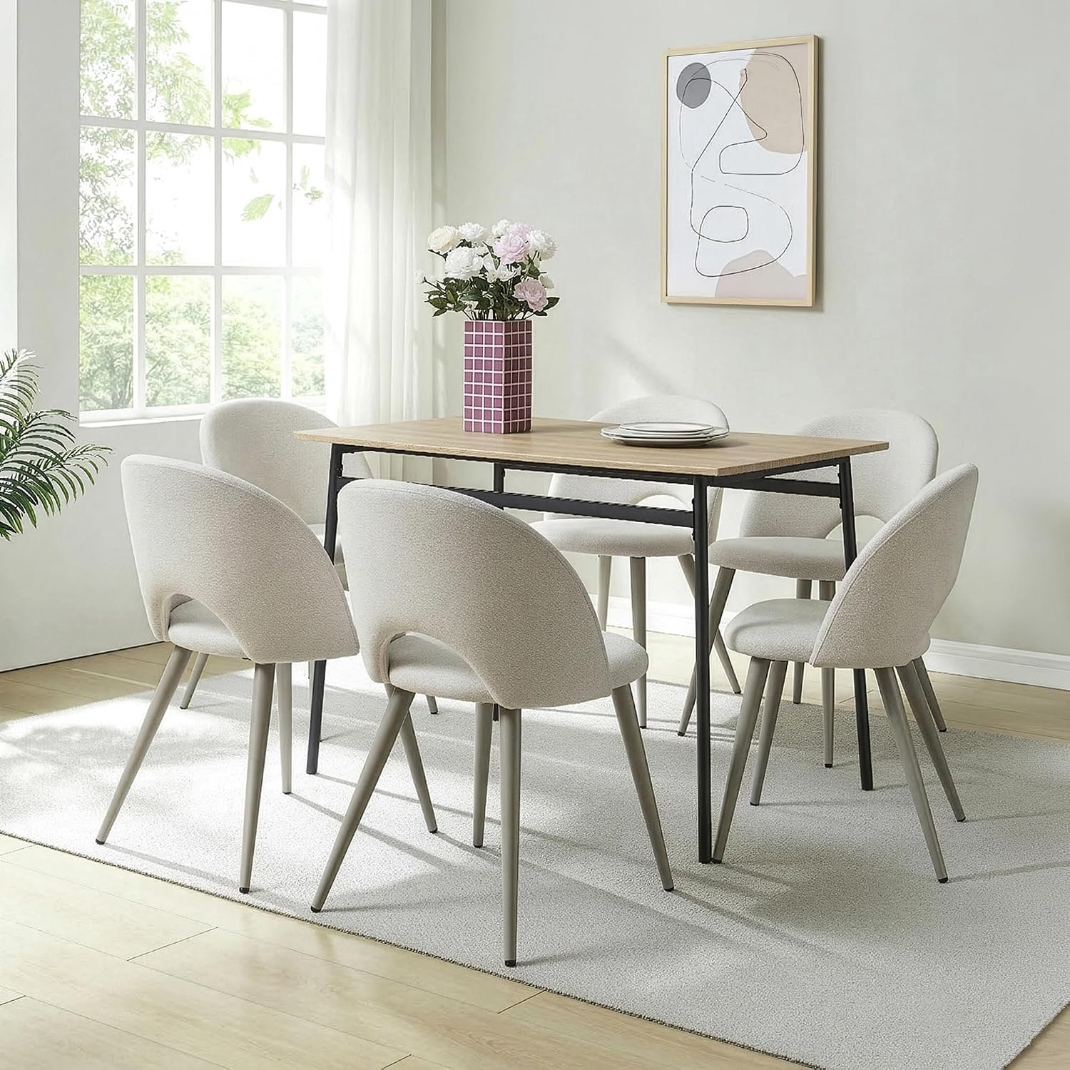 Livia Eetkamerstoelen Set van 6 Beige Stoffen Stoelen met Metalen Poten, Gestoffeerde Eetkamerstoelen 77x50x55 cm, Comfortabele Keukenstoelen met Stevig Metalen Frame voor Eetkamer en Woonkamer