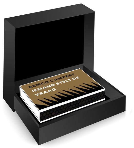 Remco Campert boek 'Iemand stelt de vraag' in een zwarte luxe geschenkdoos met zwart-goud patroon.