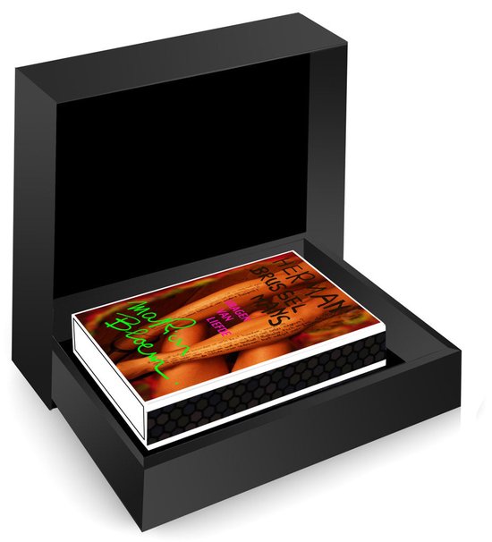 Het boek Vragen van Liefde in een luxe zwarte geschenkdoos met een honingraatpatroon aan de zijkanten.