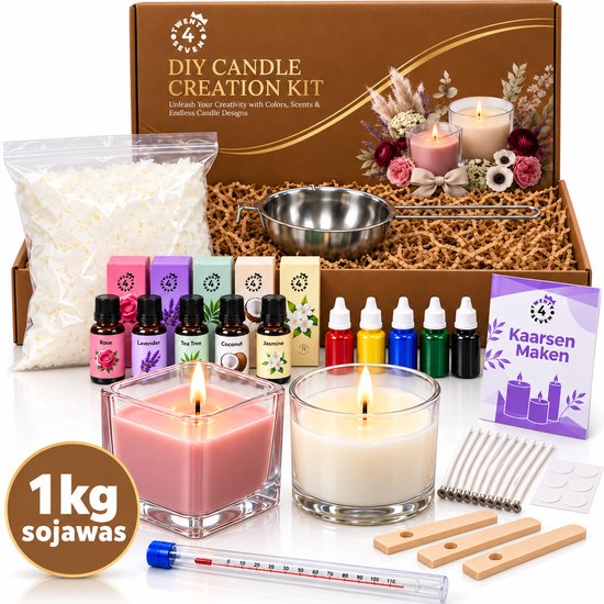 DIY kaarsenmaakset met 1kg sojawas, smeltpot, kleurstoffen, geuroliën, lonten, thermometer en instructieboekje.