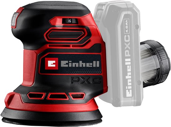 Rode en zwarte Einhell excentrische schuurmachine met Power X-Change batterij en toerentalregeling.