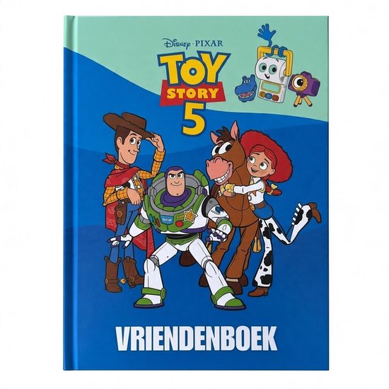 Toy Story 5 vriendenboek met Woody, Buzz Lightyear, Jessie en Bullseye op een blauwe achtergrond.