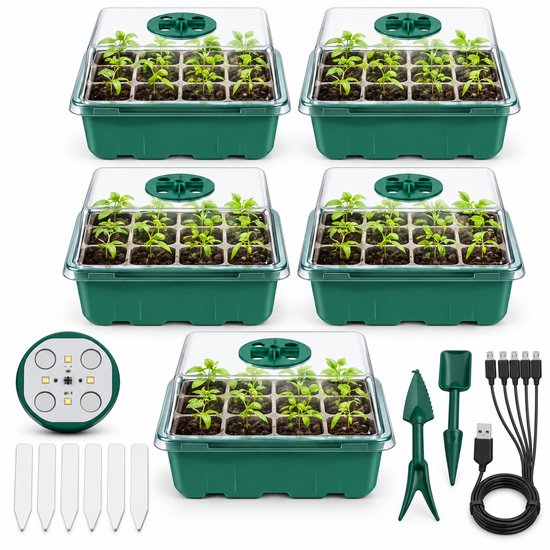 Set van vijf groene LayZyEgg kweekbakken met LED-lampen, plantlabels, tuingereedschap en USB-kabel.
