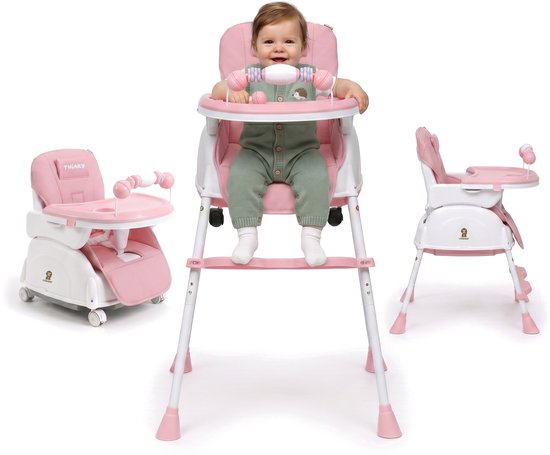 Roze Twinky kinderstoel in 2-in-1 set met een lachende baby en speelgoed aan de eetbak.
