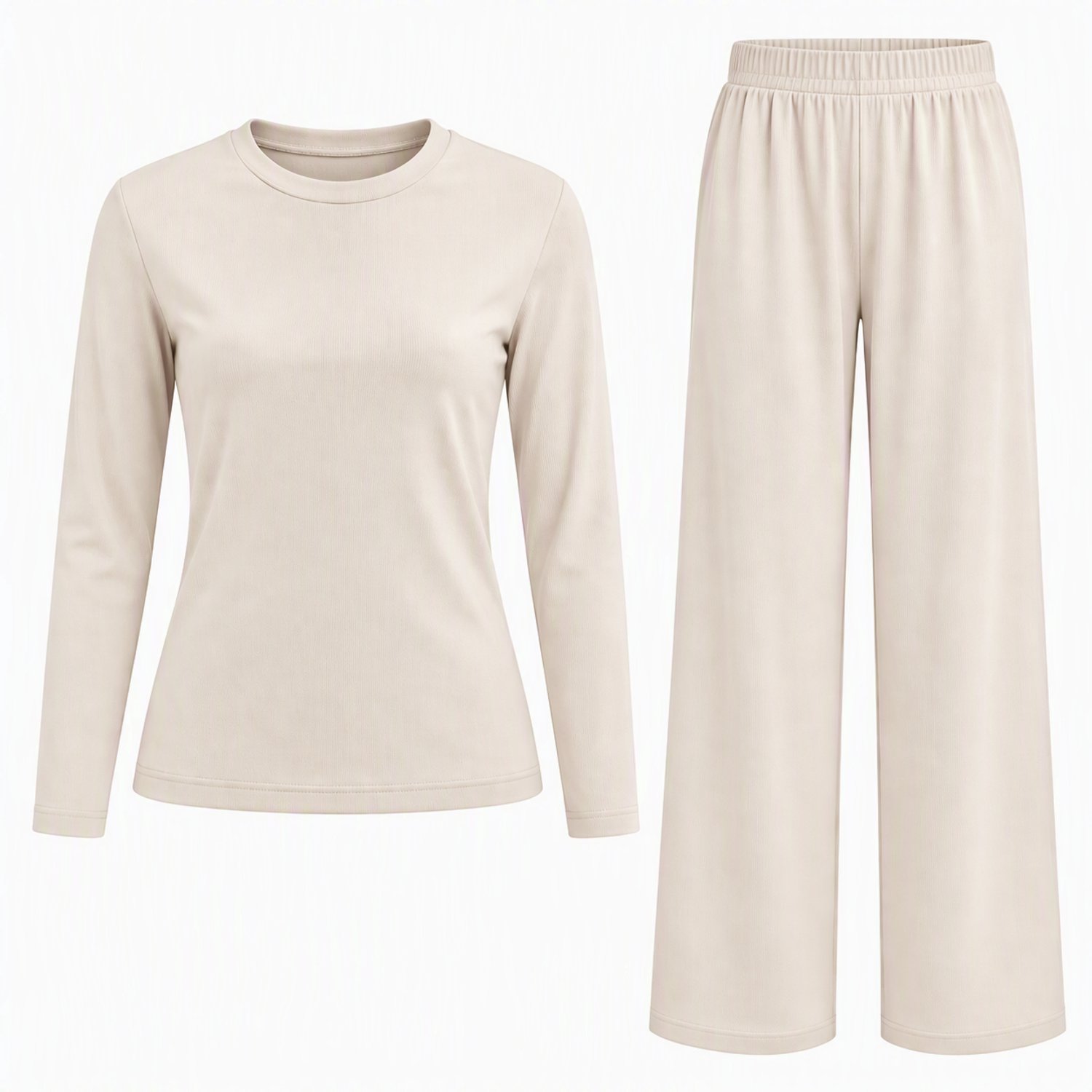 Dames Lounge Set Beige – 2-Delige Set met Longsleeve en Broek – Loungewear Huispak – Maat M