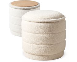 Salvik Poef Rond - Opbergpoef - Omkeerbare Deksel - Teddy Crème - 38cm