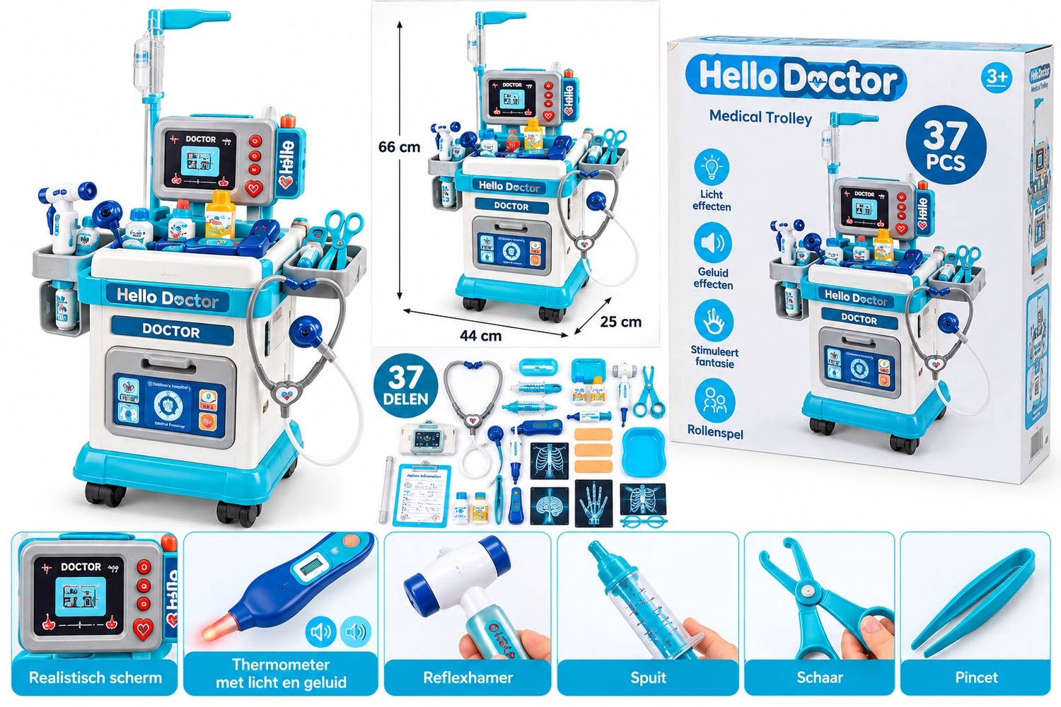 Doktersset met Medische Trolley-37 delig-speelgoed doktorspost-met licht en geluid-wit en blauw