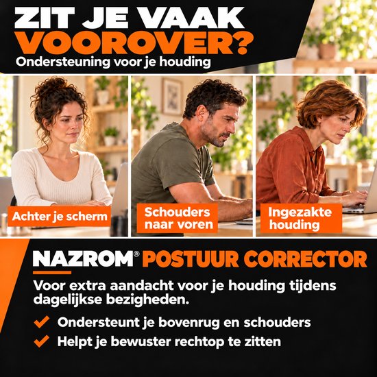 Drie mensen in een voorovergebogen houding achter hun laptop met de tekst 'Zit je vaak voorover? Nazrom Postuur Corrector'.