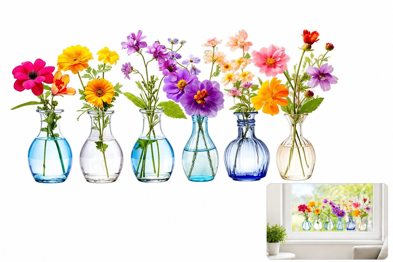VHV Raamstickers - bloemen raamdecoratie 30 x 60 cm - herbruikbare statische raamfolie - voor woonkamer en voorjaarsdecoratie Multi