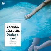 Boekomslag: Camilla Läckberg 'Oorlogskind'. Vrouw in blauwe jurk onder water met witte tekst.