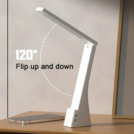 LED-bureaulamp – Oogbeschermende lamp – Aanraakbediening – 3 dimniveaus – 3 kleurmodi – 120° inklapbare bedlamp – 1200 mAh-accu – Oplaadbaar via USB – Hoogte: 28 cm – Wit — afbeelding 2