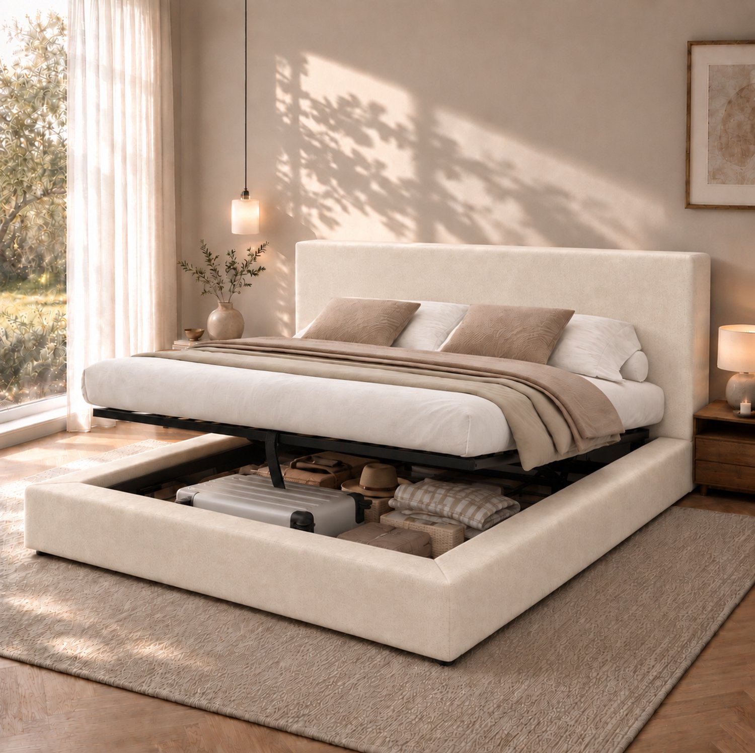 STILVORA Gestoffeerd Bed 180x200 cm – Tweepersoonsbed met Hydraulische Opbergruimte – Inclusief Lattenbodem – Zonder Matras – Chenille – Beige