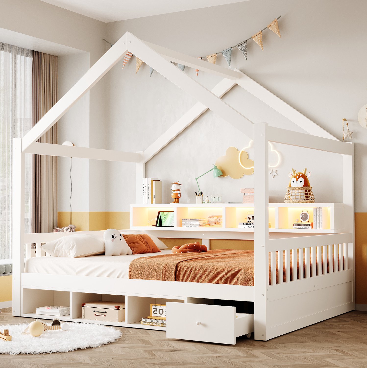 STILVORA Huisbed 140x200 cm – Dakframe met Hekjes – Vakken en Lades – Licht en Stopcontact – Kinderkamer – Hout en MDF – Zonder Matras – Wit