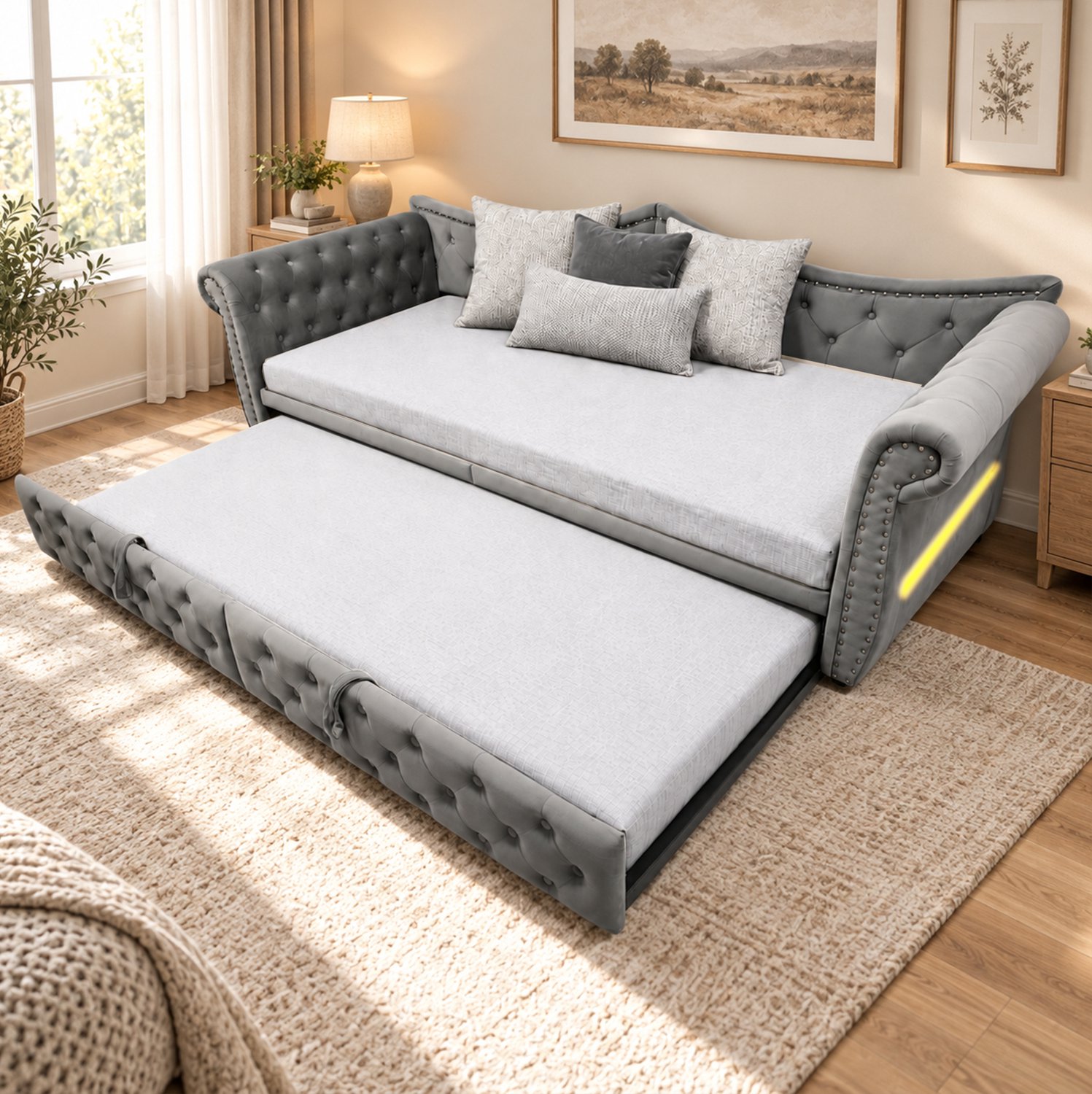 STILVORA Slaapbank 90x200 cm – Uitschuifbaar Tot Circa 180 cm – Met Oplaadaansluiting en Zijverlichting – Voor Gastenkamer – Fluweel – Grijs