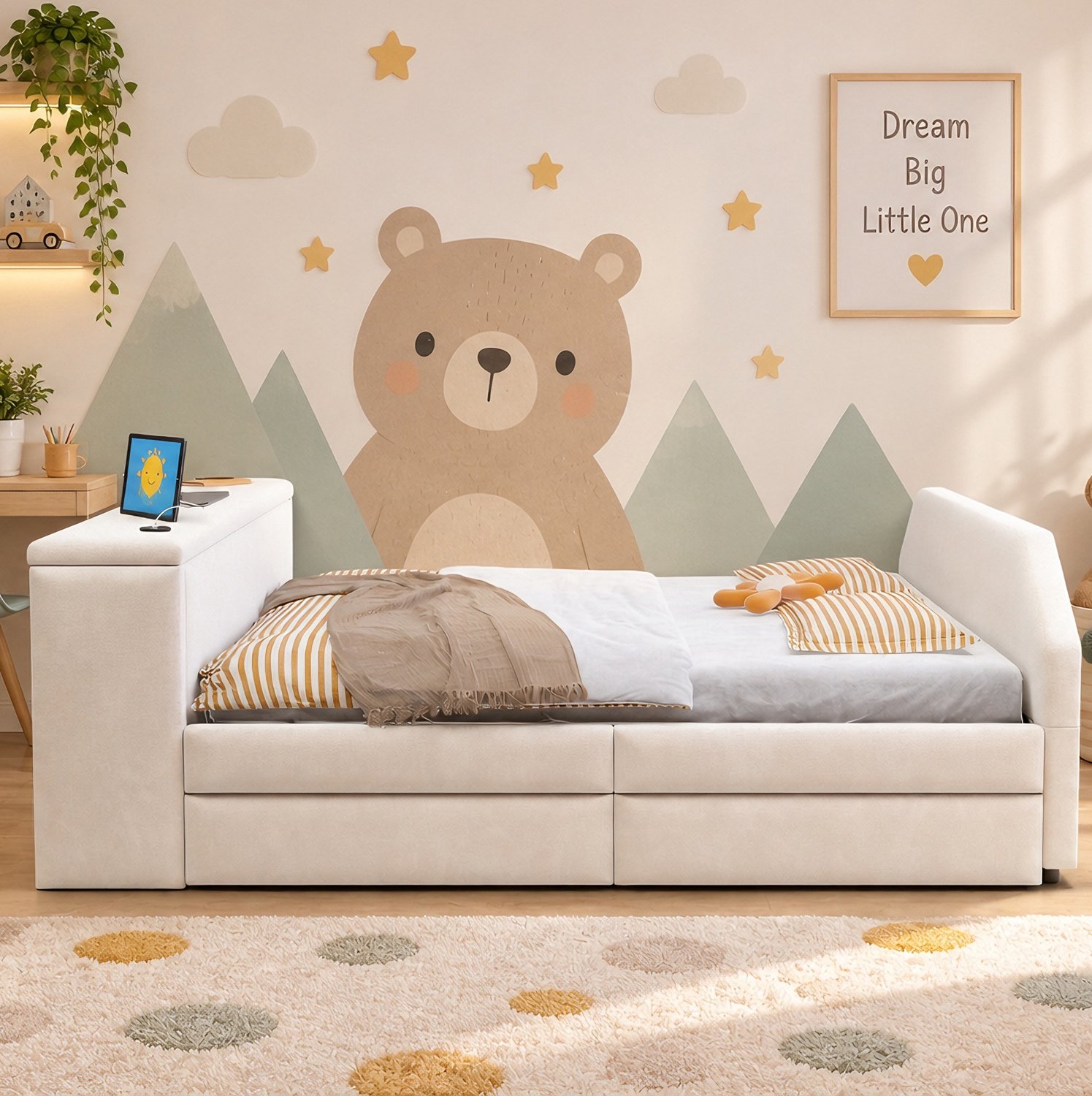 STILVORA Bed 140 x 200 cm – Gestoffeerd met Bureau en Usb-Aansluiting – Uitschuifbaar Gastenbed – Voor Kinderkamer – Beige – Zonder Matras