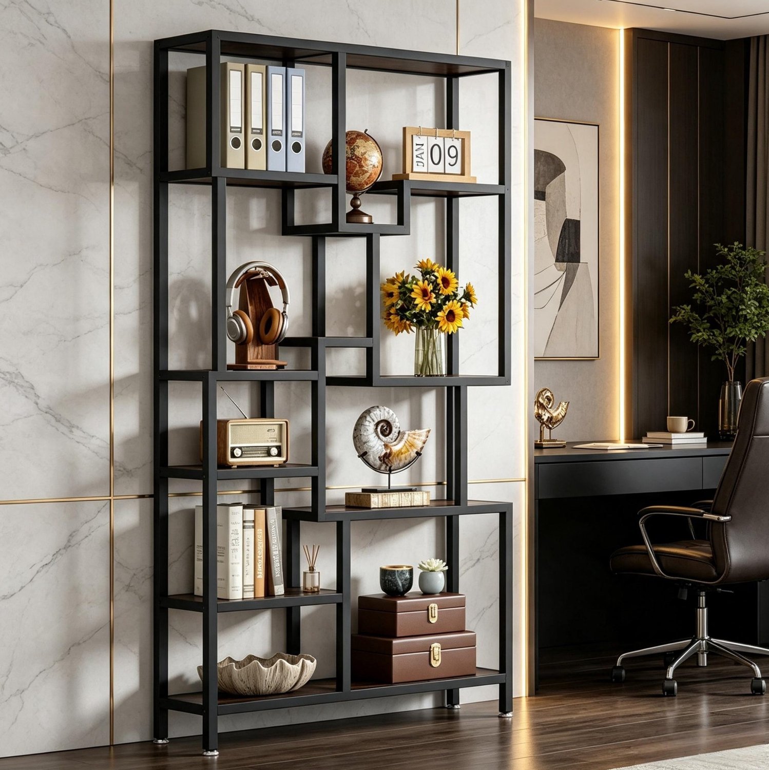 FloraGrace Boekenkast Asymmetrisch – 100 x 30 x 180 cm – Metaal en Spaanplaat – Zwart en Rustiek Bruin – 7 Open Niveaus – Verstelbare Voetjes