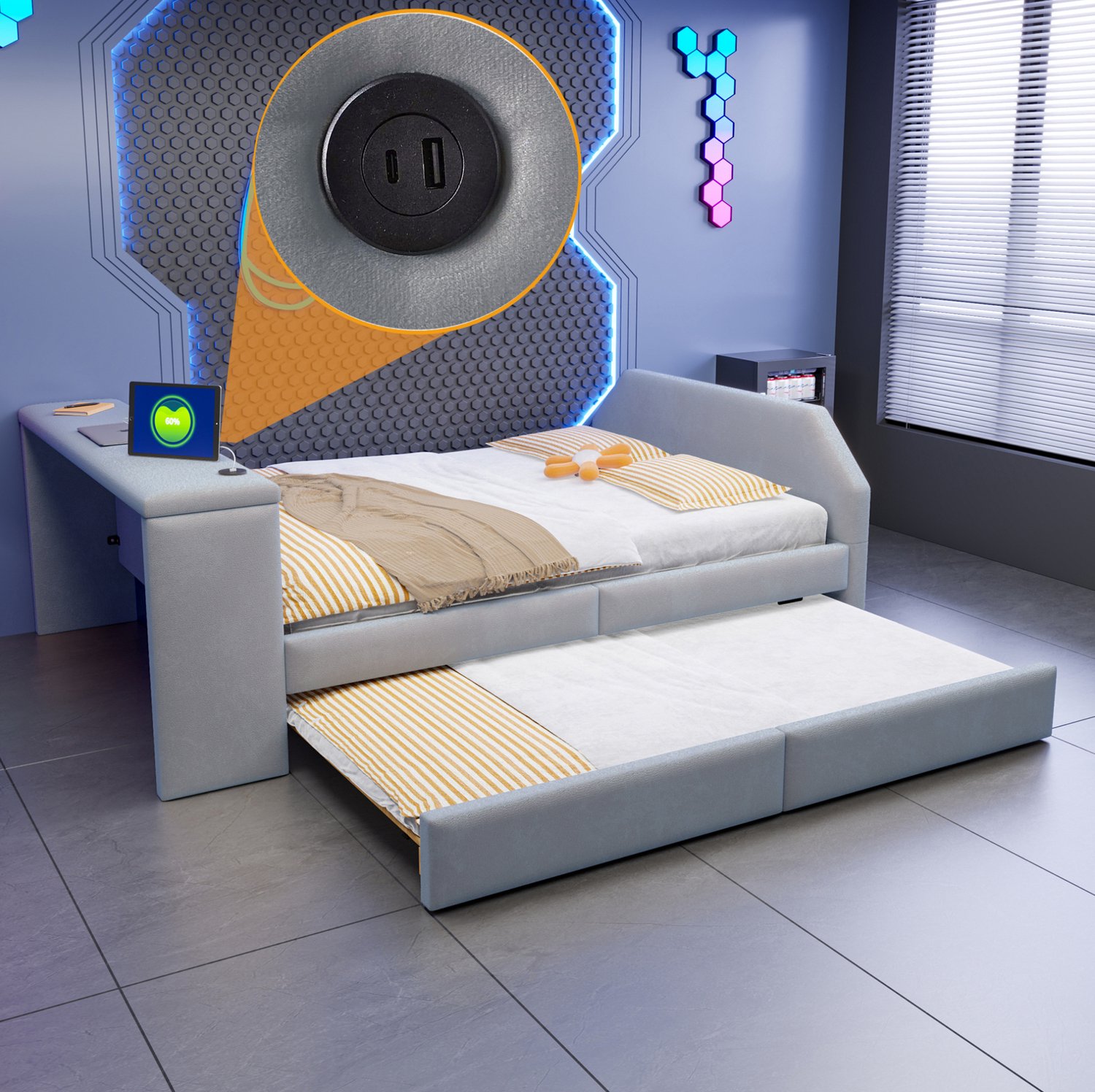 OKWISH Gestoffeerd Kinderbed 140 x 200 cm - Met Bureau en USB Aansluiting - Uitschuifbaar Logeerbed - Fluweelachtige Stof - Zonder Matras - Grijs