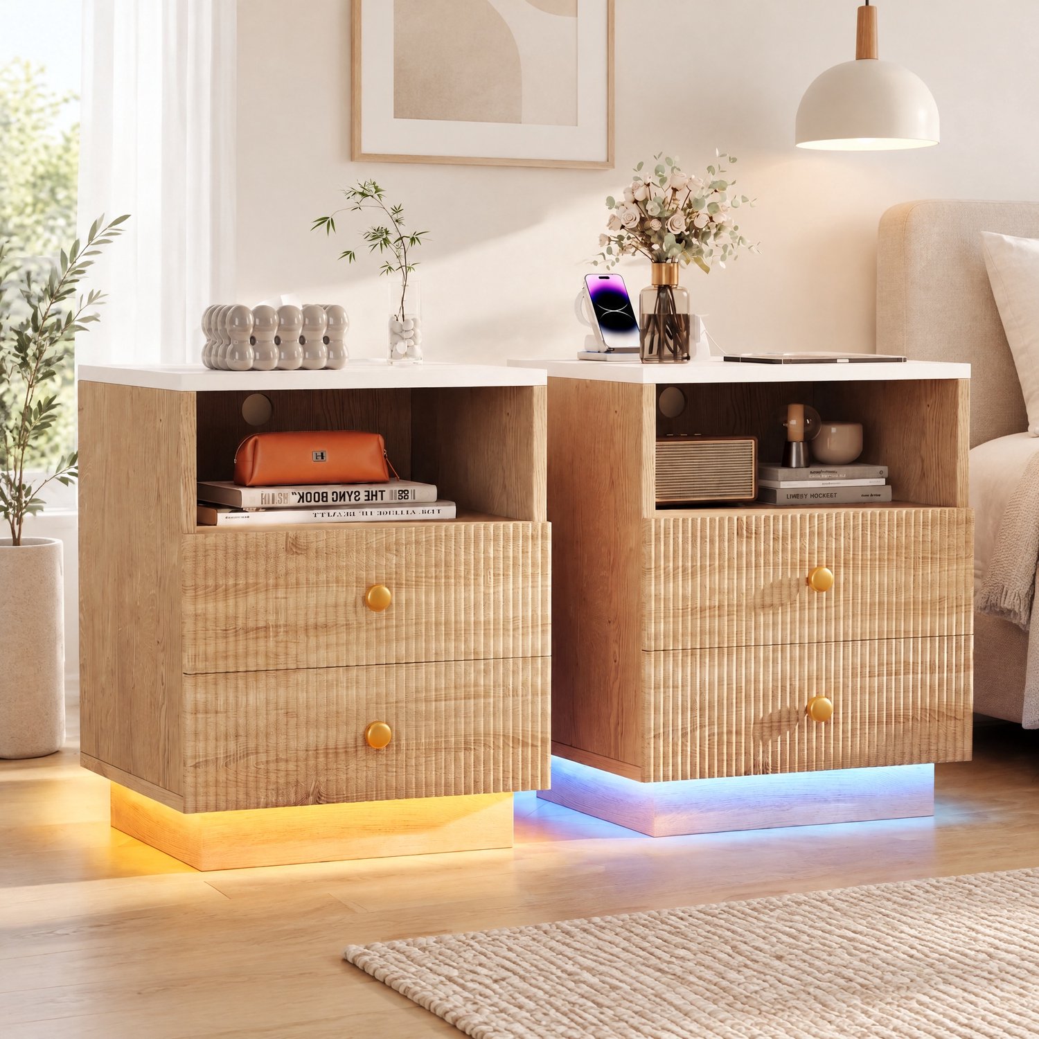 Set van 2 nachtkastjes – LED-verlichting – 2 Lades en open opbergvakken – USB en TypeC Laadstation – Modern bijzettafel – 44 x 38 x 55 cm