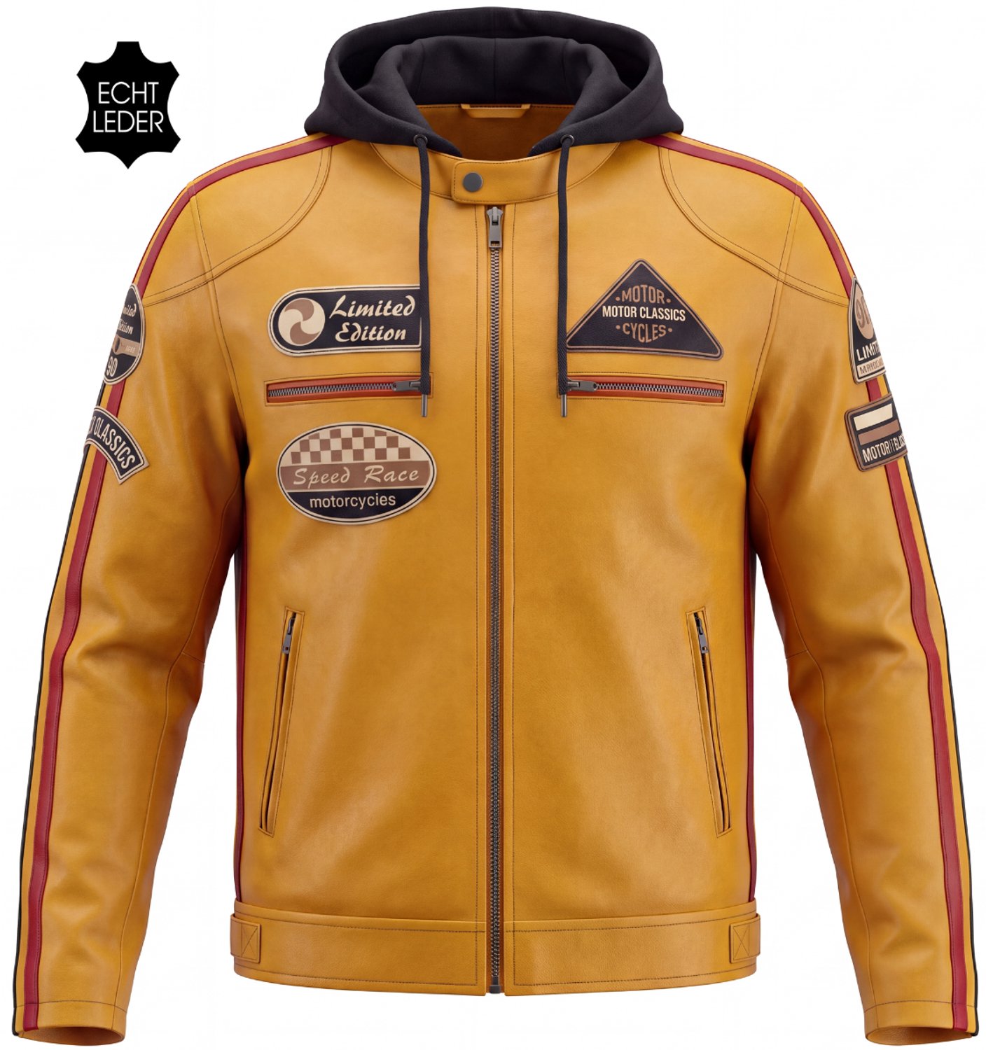 Vinto® Leren Jas Heren - 100% Echt Lams Leer - Winterjas - Biker Jack - Met Zakken en Binnenzak - Tussenjas met Capuchon - Winddicht - Geel - Maat 2XL