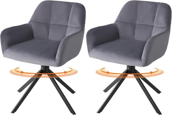 Eetkamerstoelen Set van 2 – Grijs Fluweel – 360° Draaibare Stoelen – Gestoffeerde Zitstoelen voor Eetkamer, Keuken en Slaapkamer – Max. 120 kg per Stoel 6006-2-GY