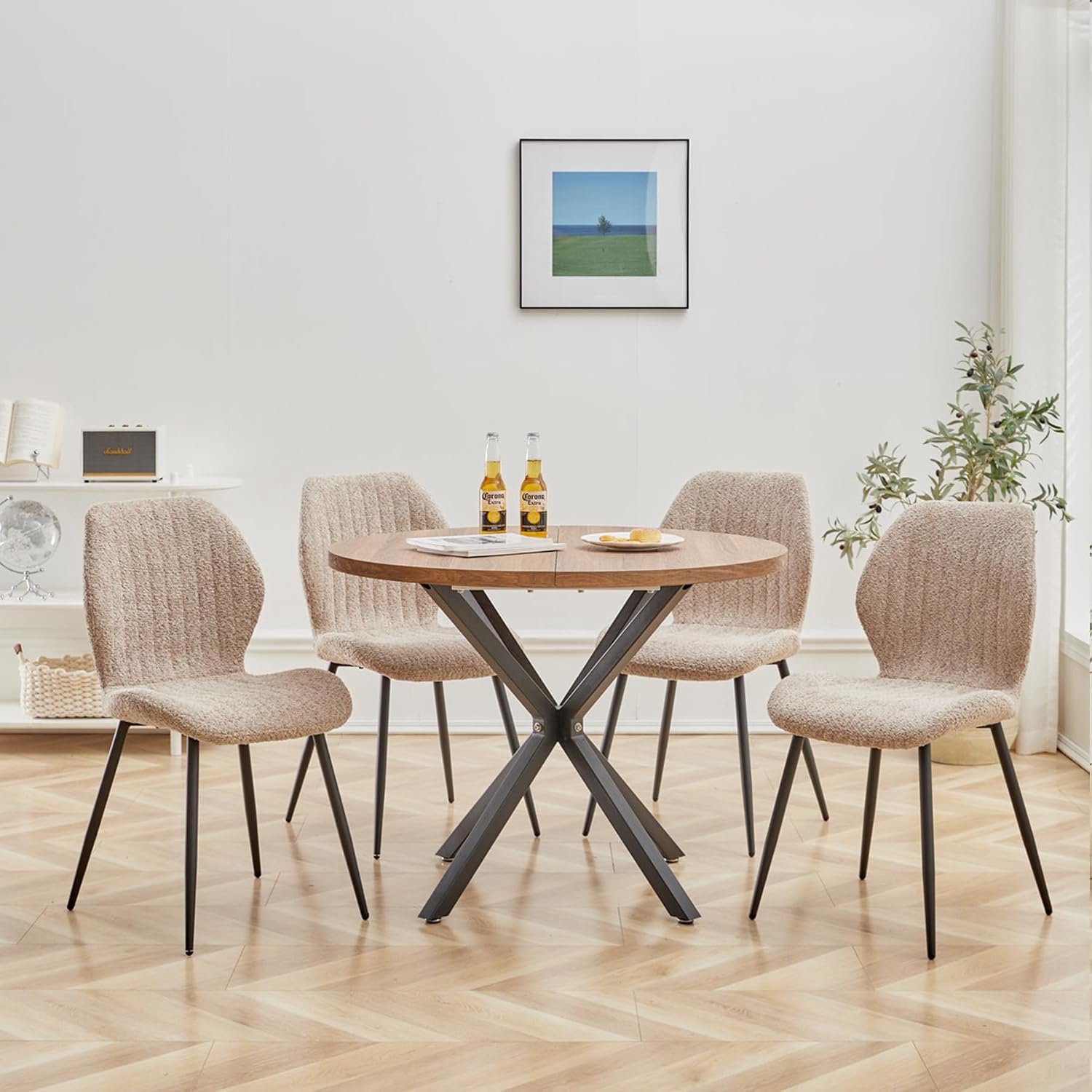 Ronde Eettafelset Nova met 4 Gestoffeerde Stoelen – Industriële Ronde Eettafel Ø 100 cm, MDF Tafelblad, Linnen Bekleding, Donkerhouten Tafel en Bruine Stoelen