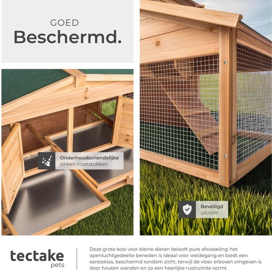 Houten konijnenhok met groen bitumen dak, zinken lades voor reiniging en een ren met loopplank.