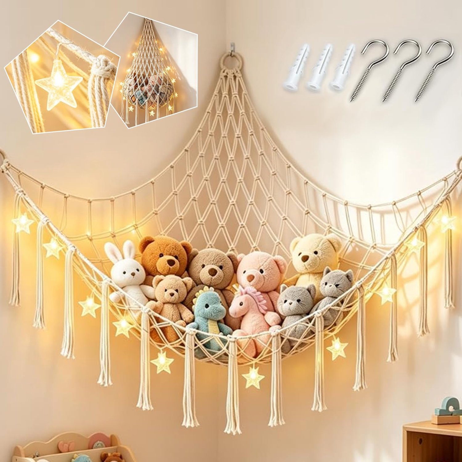 Knuffeldier Opbergnet met LED Lampen voor Kinderkamers